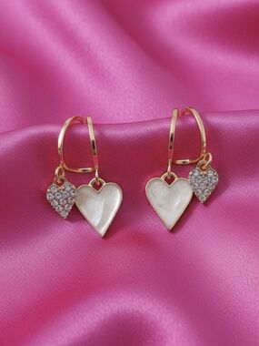 Earrings - Gold Heart Drop Mother-of-Pearl and Crystal Accents